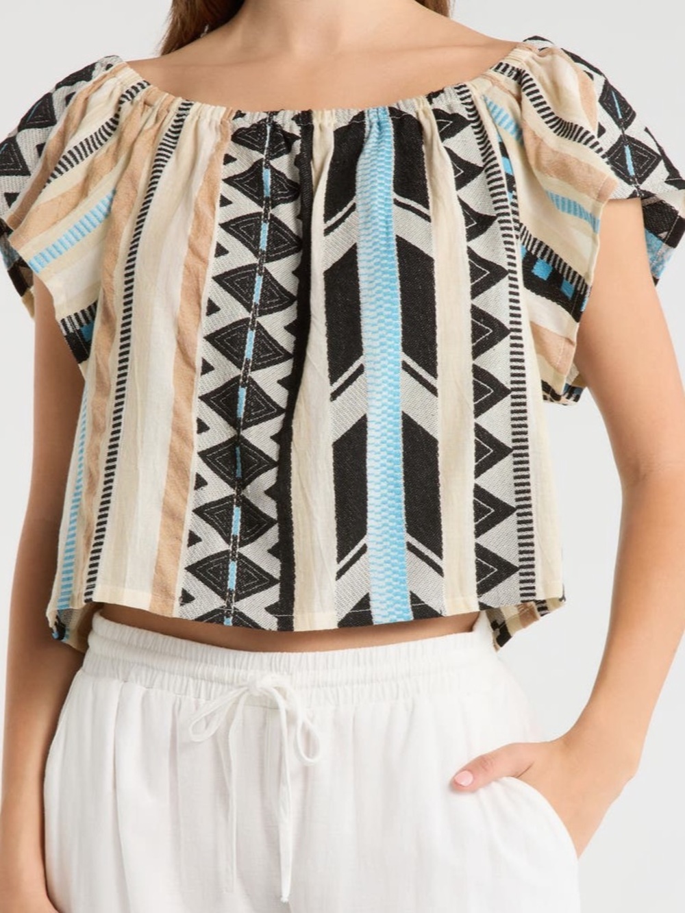 *NEW* Sz XL*Elan*Ruffle Off the Shoulder Top in the Neutral Aztec